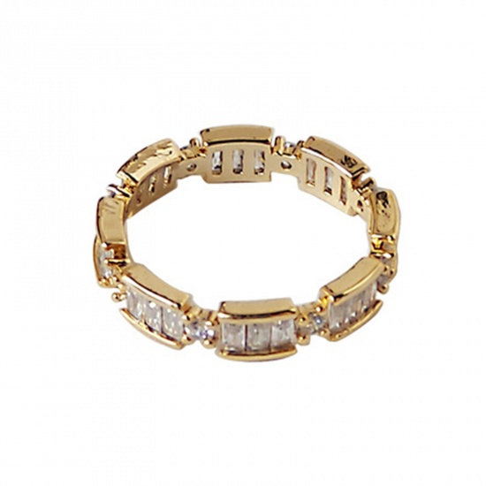 Picture of Eco-friendly Simple & Casual Stylish 14K Real Gold Plated Copper & Cubic Zirconia Unadjustable Rectangle Rings For Women 17mm(US Size 6.5), 1 Piece
