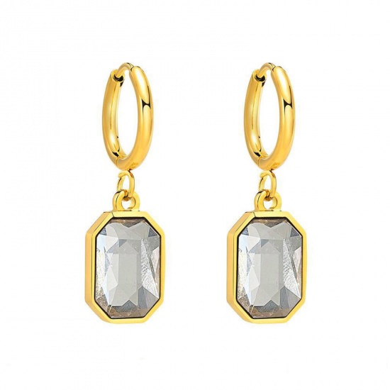 Imagen de Respetuoso del Medio Ambiente Elegante Sencillo 18K Oro lleno 304 Acero Inoxidable & Circón Artificial Octágono Pendientes Para Mujeres 3.5cm x 1.2cm, 1 Par