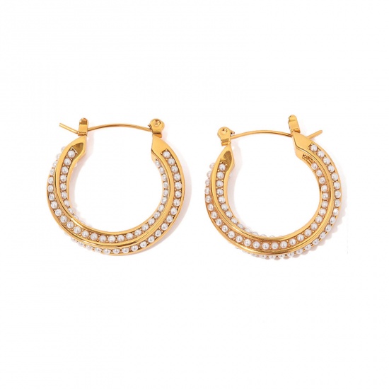Imagen de Respetuoso del Medio Ambiente Elegante Elegante 18K Oro lleno Acero Inoxidable 304 & Perla Natural. Torcido Pendientes Círculos Para Mujeres 2.8cm x 2.6cm, 1 Par