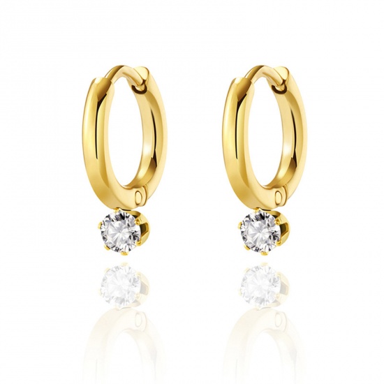 Picture of Eco-friendly Sweet & Cute Stylish 14K Real Gold Plated 304 Stainless Steel & Cubic Zirconia Round Hoop Earrings For Women Birthday 24mm x 20mm, 1 Pair