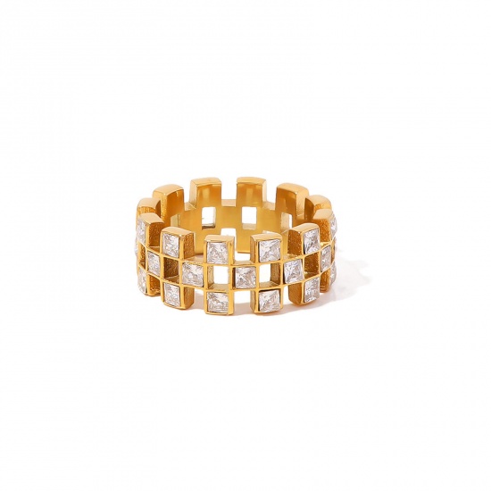 Imagen de Respetuoso del Medio Ambiente Sencillo & Casual Elegante 18K Oro lleno 304 Acero Inoxidable & Circón Artificial No Ajustable Hueco Anillos Para Mujeres 18.1mm (US Size 8), 1 Unidad