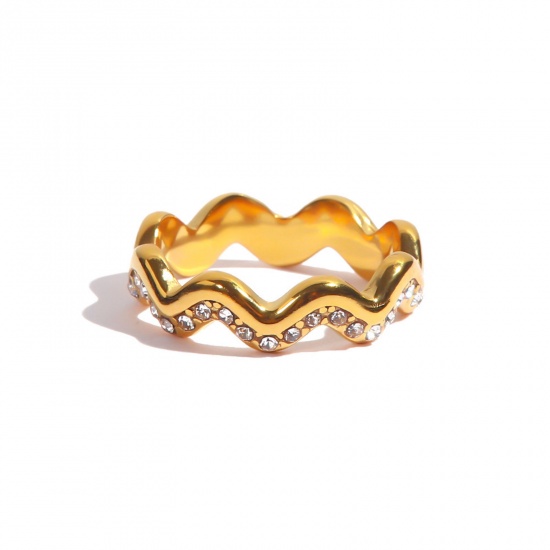 Imagen de Respetuoso del Medio Ambiente Sencillo & Casual Elegante 18K Oro lleno 304 Acero Inoxidable & Circón Artificial No Ajustable Ola Anillos Unisexo 16.5mm (US Size 6), 1 Unidad