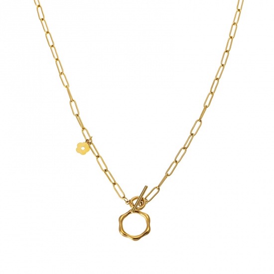 Imagen de Respetuoso del Medio Ambiente Sencillo & Casual Elegante 18K Oro lleno 316L Acero Inoxidable Cable Cadena Cruz Anillo Flor Hueco Collar con Colgante Para Mujeres 41cm longitud, 1 Unidad