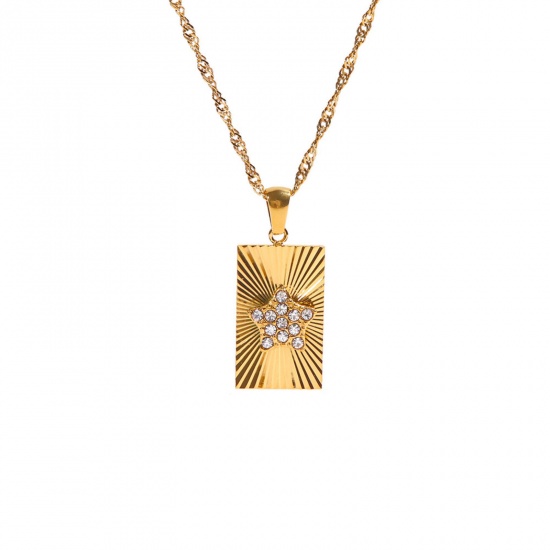 Imagen de Respetuoso del Medio Ambiente Exquisito Elegante 18K Oro lleno 304 Acero Inoxidable & Circón Artificial Cadena Trenzada Rectángulo Estrellas de cinco puntos Collar con Colgante Para Mujeres 40cm longitud, 1 Unidad