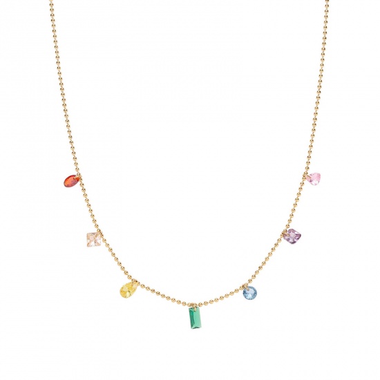Immagine di Ecologico Dolce & Carino Elegante 18K Oro riempito 304 Acciaio Inossidabile & Zircone Cubico Catena a Pallini Rettangolo Goccia Collana con Ciondolo Per Donne 41cm Lunghezza, 1 Pz