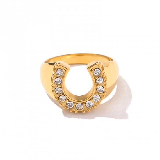 Imagen de Respetuoso del Medio Ambiente Sencillo & Casual Elegante 18K Oro lleno 304 Acero Inoxidable & Circón Artificial No Ajustable Herradura Anillos Unisexo 18.1mm (US Size 8), 1 Unidad