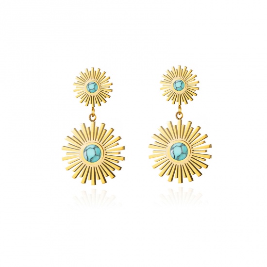 Immagine di Ipoallergenico Semplice & Casual Stile Bohemien 14k Vero Oro Placcato 304 Acciaio Inossidabile Luce del Sole Orecchino Per Donne 3cm x 1.4cm, 1 Paio