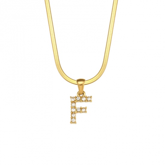 Bild von Umweltfreundlich Exquisit Stilvoll 18K Vergoldet 304 Edelstahl & Zirkon Schlangenkette Kette Buchstabe Message " F " Anhänger Halskette Für Frauen Jubiläum 40cm lang, 1 Strang