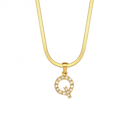 Bild von Umweltfreundlich Exquisit Stilvoll 18K Vergoldet 304 Edelstahl & Zirkon Schlangenkette Kette Buchstabe Message " Q " Anhänger Halskette Für Frauen Jubiläum 40cm lang, 1 Strang
