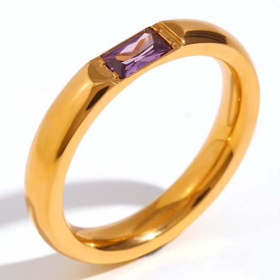 Immagine di Ecologico Minimalista Squisito 18K Oro riempito 304 Acciaio Inossidabile & Zircone Cubico Non Regolabile Rettangolo Anello Per Donne Anniversario 17.3mm (taglia di US: 7), 1 Pz