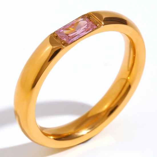 Immagine di Ecologico Minimalista Squisito 18K Oro riempito 304 Acciaio Inossidabile & Zircone Cubico Non Regolabile Rettangolo Anello Per Donne Anniversario 17.3mm (taglia di US: 7), 1 Pz