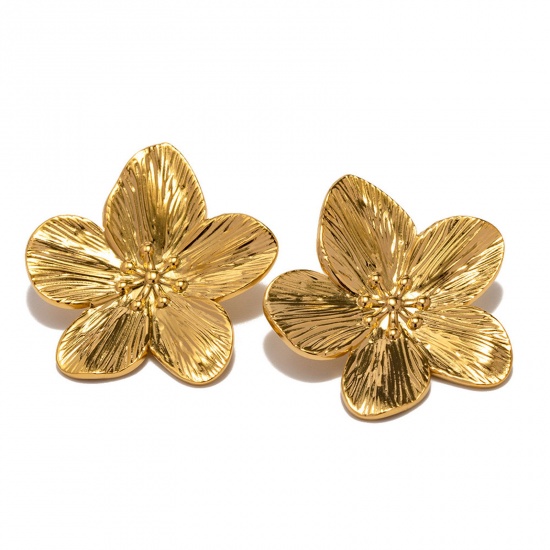 Bild von Hypoallergen Stilvoll Retro 18K Vergoldet 304 Edelstahl Blumen Ohrring Ohrstecker Für Frauen Party 3cm x 3cm, 1 Paar