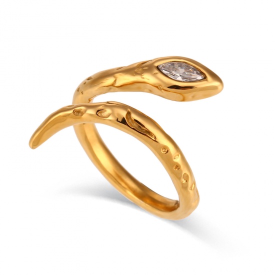 Picture of Eco-friendly Vacuum Plating Retro Stylish 18K Real Gold Plated 304 Stainless Steel & Cubic Zirconia Open Adjustable Snake Animal Rings For Women Birthday 22mm(US Size 12.75), 1 Piece