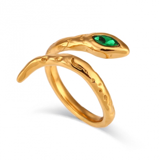 Picture of Eco-friendly Vacuum Plating Retro Stylish 18K Real Gold Plated 304 Stainless Steel & Cubic Zirconia Open Adjustable Snake Animal Rings For Women Birthday 22mm(US Size 12.75), 1 Piece