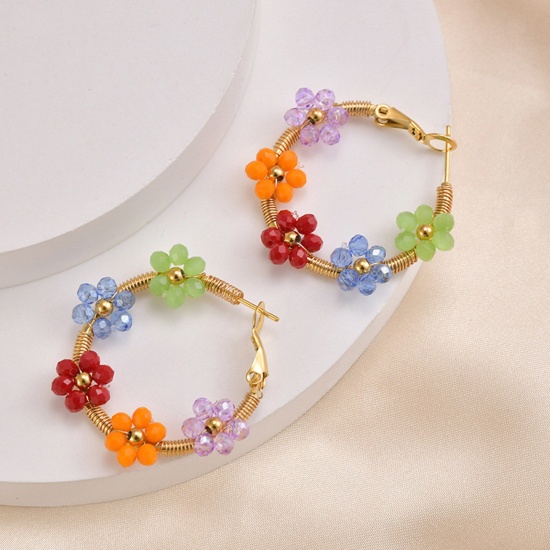Bild von Hypoallergen Natürliche Pastoral Böhmischer Stil 14K echt Vergoldet Bunt 304 Edelstahl & Lampwork Glas Blumen Hoop Ohrringe Für Frauen Party 3cm x 3cm, 1 Paar