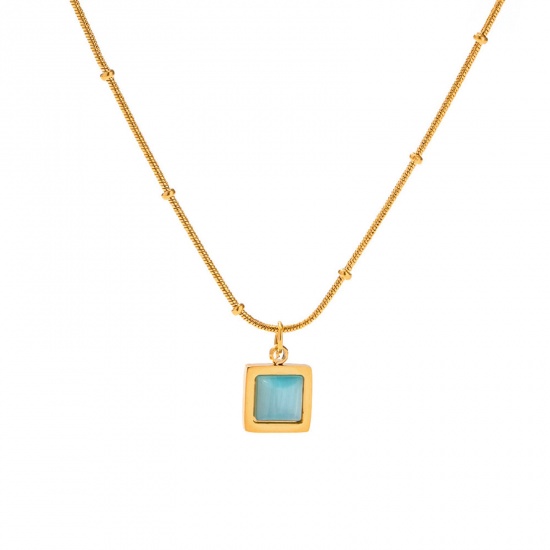 Bild von Eco-friendly Vacuum Plating Simple & Casual Stylish 18K Real Gold Plated 304 Stainless Steel & Stone Ball Chain Square Pendant Necklace Unisex 42cm(16 4/8") long, 1 Piece