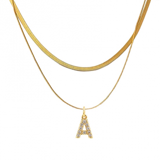 Bild von Eco-friendly Vacuum Plating Stylish 18K Real Gold Plated Stainless Steel & Copper & Cubic Zirconia Snake Chain Initial Alphabet/ Capital Letter Message " A " Multilayer Layered Necklace For Women 40cm-45cm long, 1 Piece