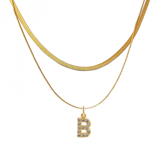 Bild von Eco-friendly Vacuum Plating Stylish 18K Real Gold Plated Stainless Steel & Copper & Cubic Zirconia Snake Chain Initial Alphabet/ Capital Letter Message " B " Multilayer Layered Necklace For Women 40cm(15 6/8") long, 1 Piece