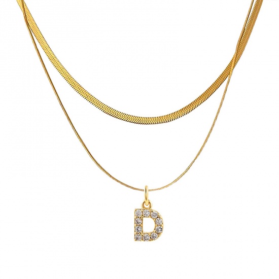 Bild von Eco-friendly Vacuum Plating Stylish 18K Real Gold Plated Stainless Steel & Copper & Cubic Zirconia Snake Chain Initial Alphabet/ Capital Letter Message " D " Multilayer Layered Necklace For Women 40cm(15 6/8") long, 1 Piece