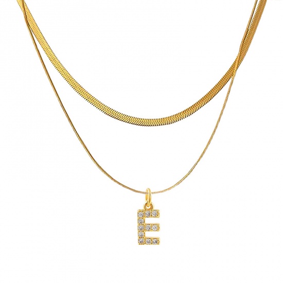 Bild von Eco-friendly Vacuum Plating Stylish 18K Real Gold Plated Stainless Steel & Copper & Cubic Zirconia Snake Chain Initial Alphabet/ Capital Letter Message " E " Multilayer Layered Necklace For Women 40cm(15 6/8") long, 1 Piece