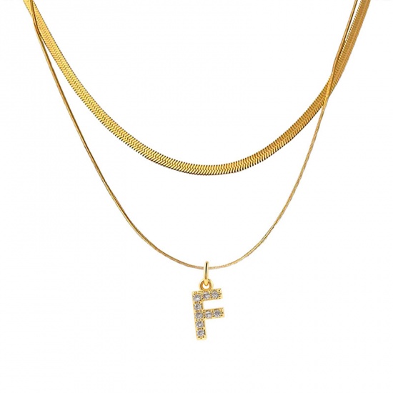 Bild von Eco-friendly Vacuum Plating Stylish 18K Real Gold Plated Stainless Steel & Copper & Cubic Zirconia Snake Chain Initial Alphabet/ Capital Letter Message " F " Multilayer Layered Necklace For Women 40cm(15 6/8") long, 1 Piece