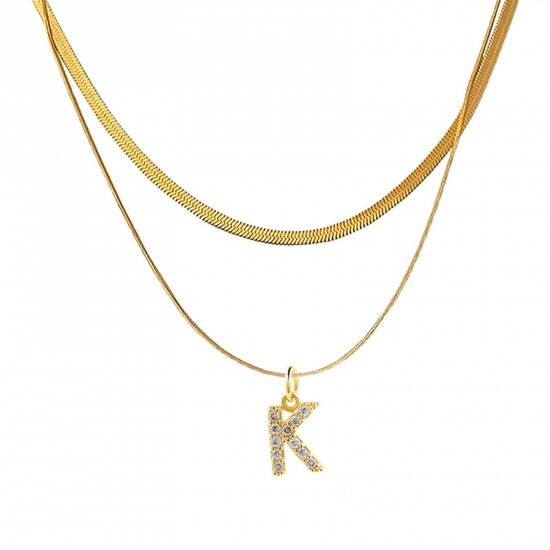 Bild von Eco-friendly Vacuum Plating Stylish 18K Real Gold Plated Stainless Steel & Copper & Cubic Zirconia Snake Chain Initial Alphabet/ Capital Letter Message " K " Multilayer Layered Necklace For Women 40cm(15 6/8") long, 1 Piece