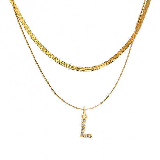 Bild von Eco-friendly Vacuum Plating Stylish 18K Real Gold Plated Stainless Steel & Copper & Cubic Zirconia Snake Chain Initial Alphabet/ Capital Letter Message " L " Multilayer Layered Necklace For Women 40cm(15 6/8") long, 1 Piece