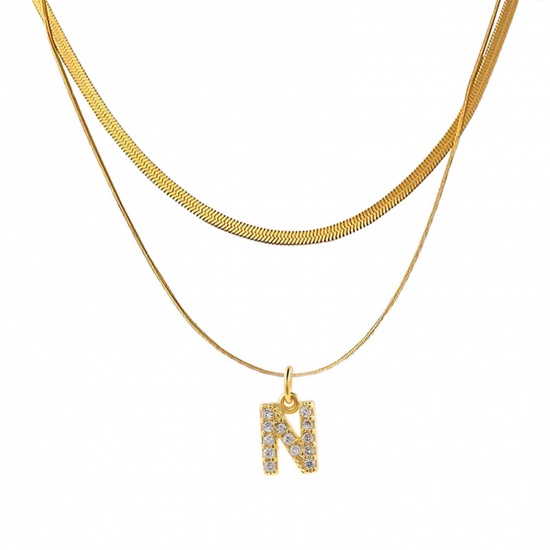 Bild von Eco-friendly Vacuum Plating Stylish 18K Real Gold Plated Stainless Steel & Copper & Cubic Zirconia Snake Chain Initial Alphabet/ Capital Letter Message " N " Multilayer Layered Necklace For Women 40cm(15 6/8") long, 1 Piece