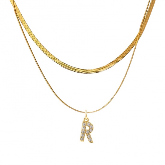 Bild von Eco-friendly Vacuum Plating Stylish 18K Real Gold Plated Stainless Steel & Copper & Cubic Zirconia Snake Chain Initial Alphabet/ Capital Letter Message " R " Multilayer Layered Necklace For Women 40cm(15 6/8") long, 1 Piece