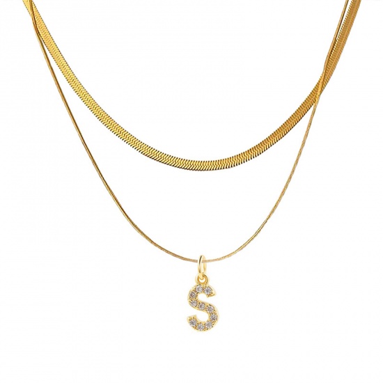 Bild von Eco-friendly Vacuum Plating Stylish 18K Real Gold Plated Stainless Steel & Copper & Cubic Zirconia Snake Chain Initial Alphabet/ Capital Letter Message " S " Multilayer Layered Necklace For Women 40cm(15 6/8") long, 1 Piece