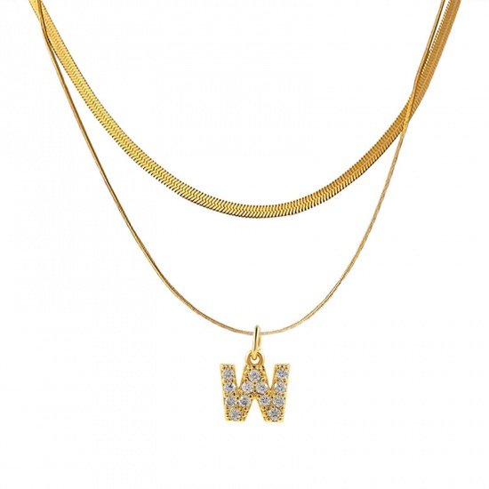 Bild von Eco-friendly Vacuum Plating Stylish 18K Real Gold Plated Stainless Steel & Copper & Cubic Zirconia Snake Chain Initial Alphabet/ Capital Letter Message " W " Multilayer Layered Necklace For Women 40cm(15 6/8") long, 1 Piece