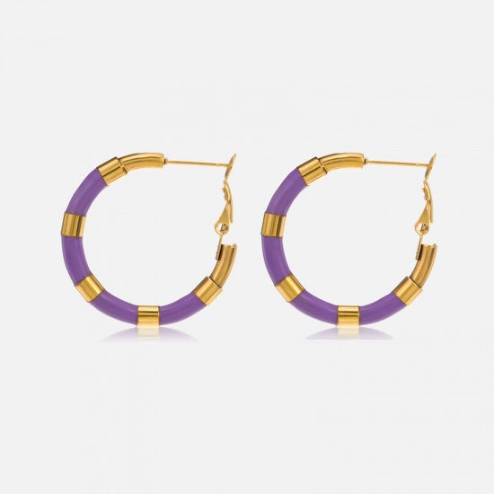 Bild von Eco-friendly Simple & Casual Hip-Hop Purple 304 Stainless Steel Enamel Hoop Earrings For Women Graduation 32mm Dia., 1 Pair
