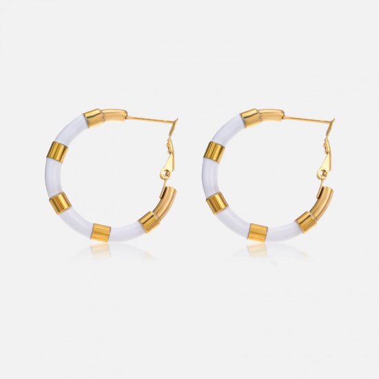 Bild von Eco-friendly Simple & Casual Hip-Hop White 304 Stainless Steel Enamel Hoop Earrings For Women Graduation 32mm Dia., 1 Pair