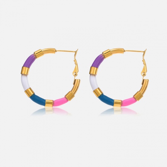 Bild von Eco-friendly Simple & Casual Hip-Hop Multicolor 304 Stainless Steel Enamel Hoop Earrings For Women Graduation 32mm Dia., 1 Pair