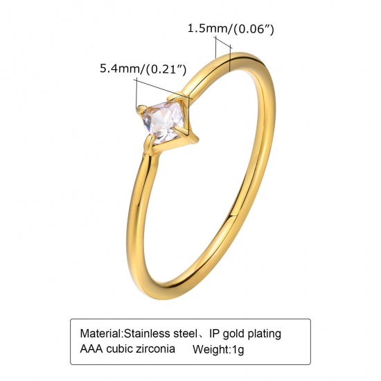 Bild von Eco-friendly Exquisite Stylish 18K Real Gold Plated 304 Stainless Steel & Cubic Zirconia Unadjustable Rhombus Rings For Women Anniversary 16.5mm(US Size 6), 1 Piece