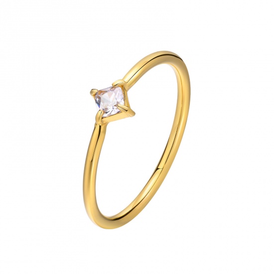 Bild von Eco-friendly Exquisite Stylish 18K Real Gold Plated 304 Stainless Steel & Cubic Zirconia Unadjustable Rhombus Rings For Women Anniversary 17.3mm(US Size 7), 1 Piece