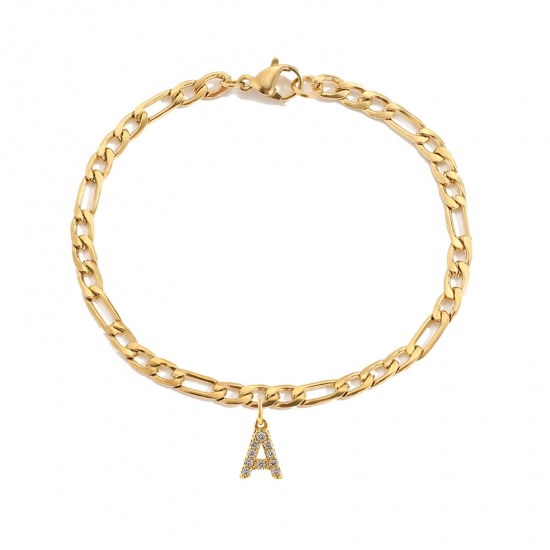 Bild von Eco-friendly Vacuum Plating Simple & Casual Stylish 14K Real Gold Plated 304 Stainless Steel & Cubic Zirconia Figaro Chain Initial Alphabet/ Capital Letter Message " A " Charm Bracelets For Women Birthday 16cm(6 2/8") long, 1 Piece