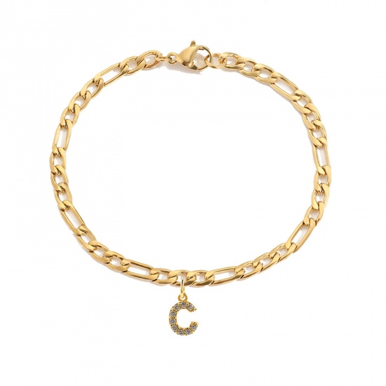 Bild von Eco-friendly Vacuum Plating Simple & Casual Stylish 14K Real Gold Plated 304 Stainless Steel & Cubic Zirconia Figaro Chain Initial Alphabet/ Capital Letter Message " C " Charm Bracelets For Women Birthday 16cm(6 2/8") long, 1 Piece