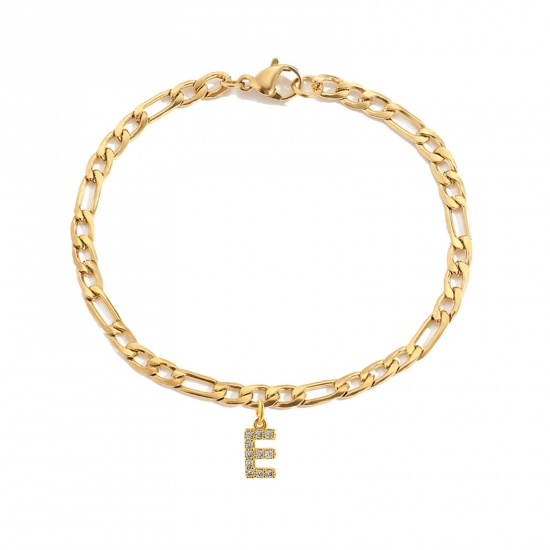 Bild von Eco-friendly Vacuum Plating Simple & Casual Stylish 14K Real Gold Plated 304 Stainless Steel & Cubic Zirconia Figaro Chain Initial Alphabet/ Capital Letter Message " E " Charm Bracelets For Women Birthday 16cm(6 2/8") long, 1 Piece