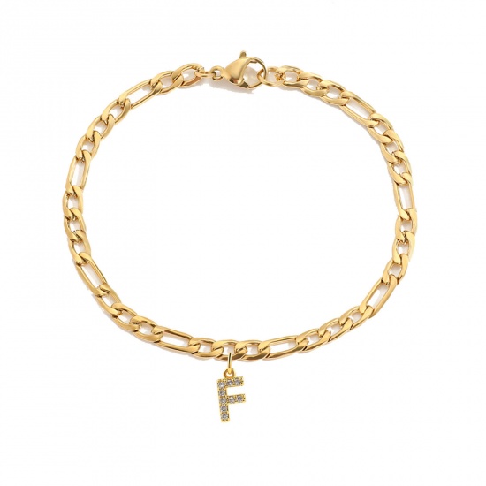 Bild von Eco-friendly Vacuum Plating Simple & Casual Stylish 14K Real Gold Plated 304 Stainless Steel & Cubic Zirconia Figaro Chain Initial Alphabet/ Capital Letter Message " F " Charm Bracelets For Women Birthday 16cm(6 2/8") long, 1 Piece