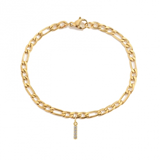 Bild von Eco-friendly Vacuum Plating Simple & Casual Stylish 14K Real Gold Plated 304 Stainless Steel & Cubic Zirconia Figaro Chain Initial Alphabet/ Capital Letter Message " I " Charm Bracelets For Women Birthday 16cm(6 2/8") long, 1 Piece