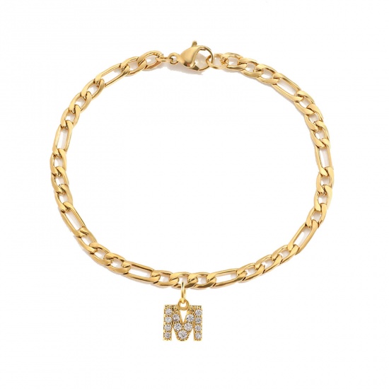 Bild von Eco-friendly Vacuum Plating Simple & Casual Stylish 14K Real Gold Plated 304 Stainless Steel & Cubic Zirconia Figaro Chain Initial Alphabet/ Capital Letter Message " M " Charm Bracelets For Women Birthday 16cm(6 2/8") long, 1 Piece