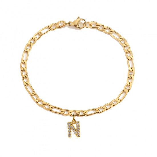 Bild von Eco-friendly Vacuum Plating Simple & Casual Stylish 14K Real Gold Plated 304 Stainless Steel & Cubic Zirconia Figaro Chain Initial Alphabet/ Capital Letter Message " N " Charm Bracelets For Women Birthday 16cm(6 2/8") long, 1 Piece