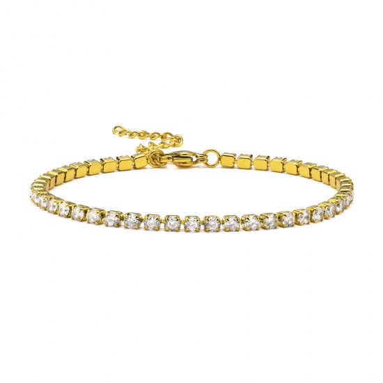 Bild von Eco-friendly Vacuum Plating Simple & Casual Exquisite 18K Real Gold Plated 304 Stainless Steel & Cubic Zirconia Link Chain Bracelets For Women Party 17cm(6 6/8") long, 1 Piece