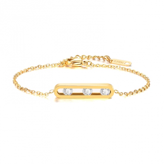 Bild von Eco-friendly Vacuum Plating Simple & Casual Exquisite 18K Real Gold Plated 304 Stainless Steel & Cubic Zirconia Link Cable Chain Oval Bracelets For Women Party 17cm(6 6/8") long, 1 Piece