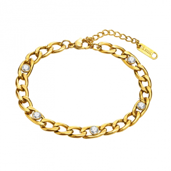 Bild von Eco-friendly Vacuum Plating Simple & Casual Exquisite 18K Real Gold Plated 304 Stainless Steel & Cubic Zirconia Curb Link Chain Bracelets For Women Party 16cm(6 2/8") long, 1 Piece