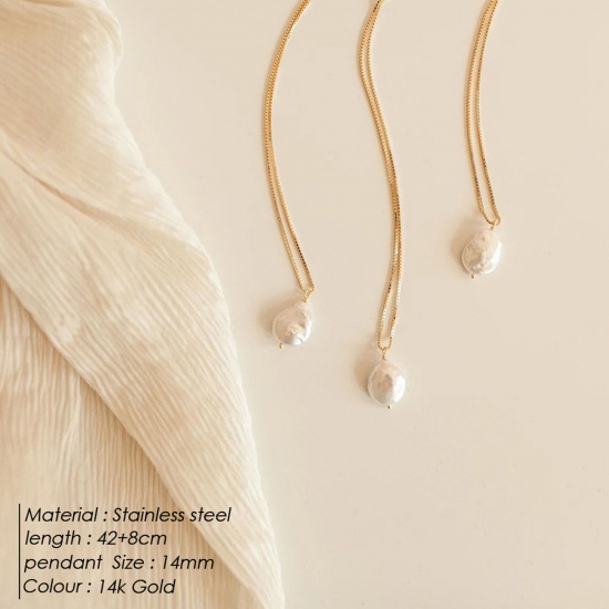 Immagine di Placcatura Sottovuoto Ecologica Elegante Elegante Colore Oro 14K Acciaio Inossidabile & Perla Catenella Catena Baroque Collana con Ciondolo Per Donne Anniversario 42cm Lunghezza, 1 Pz