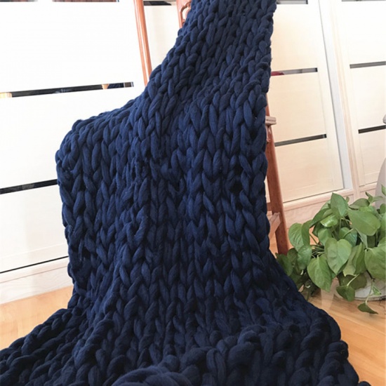 Bild von Marineblau – Polyester, handgewebt, dicker Faden, weiche Decke, einfarbig, 120 cm x 100 cm, 1 Stück