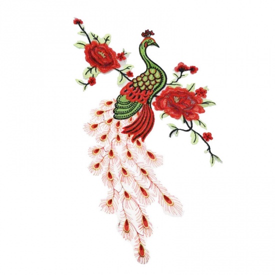 Picture of Polyester Embroidery Appliques Patches DIY Scrapbooking Craft Red Flower Peacock 57cm x 40cm, 1 Piece