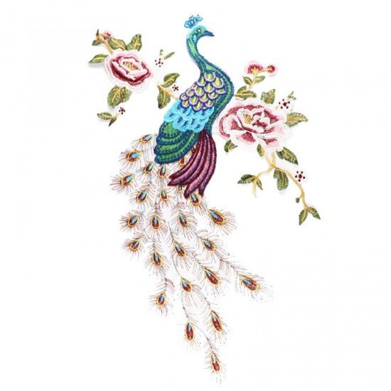 Picture of Polyester Embroidery Appliques Patches DIY Scrapbooking Craft Multicolor Flower Peacock 57cm x 40cm, 1 Piece